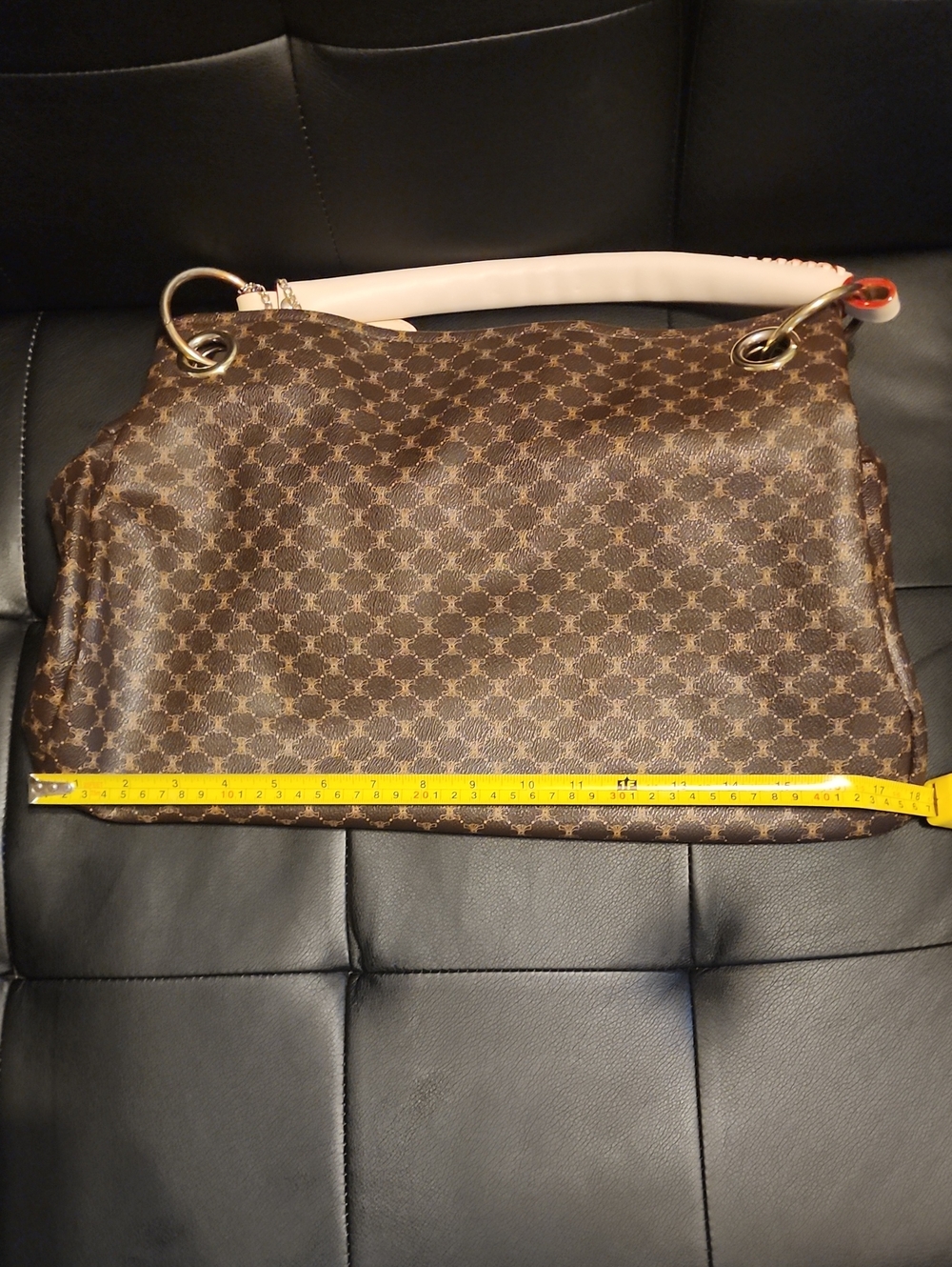 Women's Brown Monogram Pattern Satchel with White Handle - Picture 8 of 9